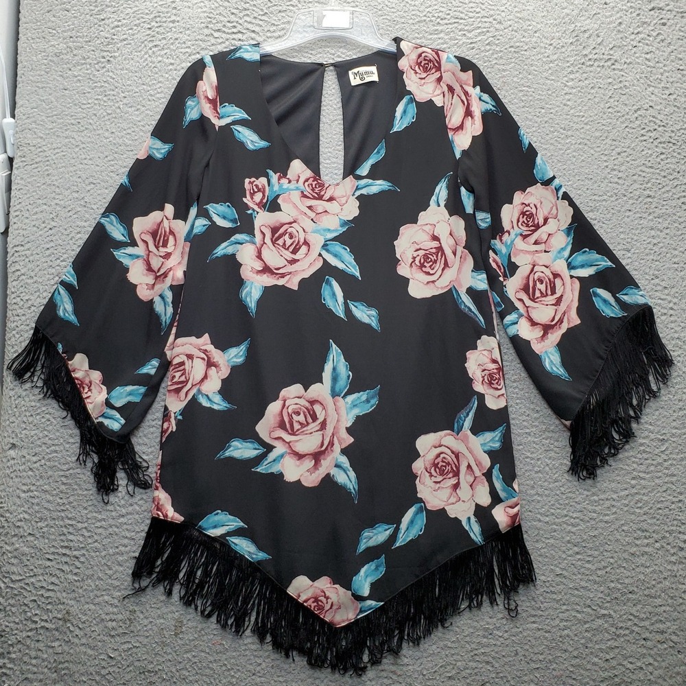 Show Me Your Mumu Mini Dress Womens Small Multi Floral Fringe Long Sleeve Boho